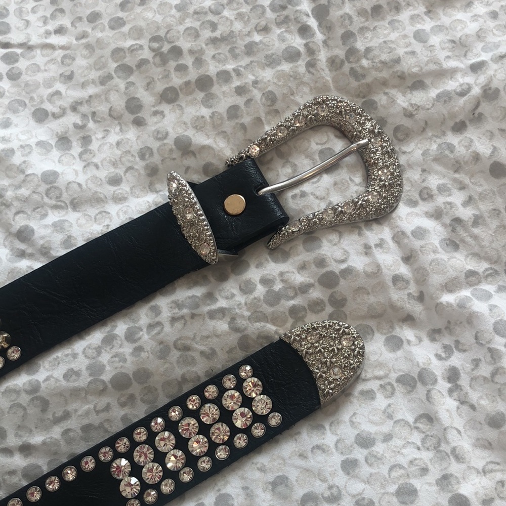 Black Leather belt with rhinestones and gold accents